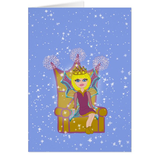 Queen Faerie Blonde Sitting on Throne Cartoon Art (Front)