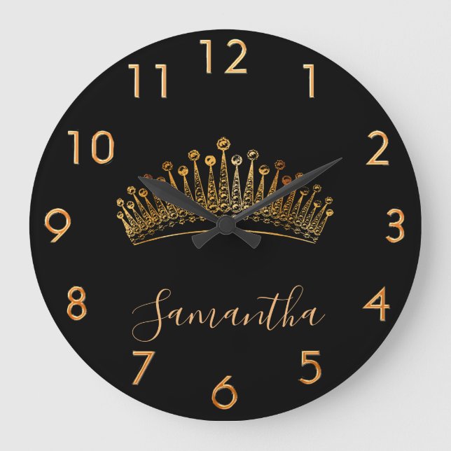 Queen gold tiara crown black name large clock (Front)