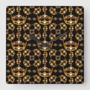 Queen hearts gold crown tiara black square clock