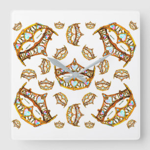 Queen hearts gold crown tiara white square clock