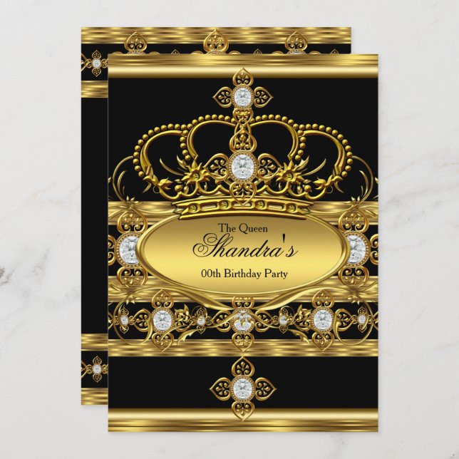 Queen King Prince Royal Gold Diamond Crown Party Invitation (Front/Back)