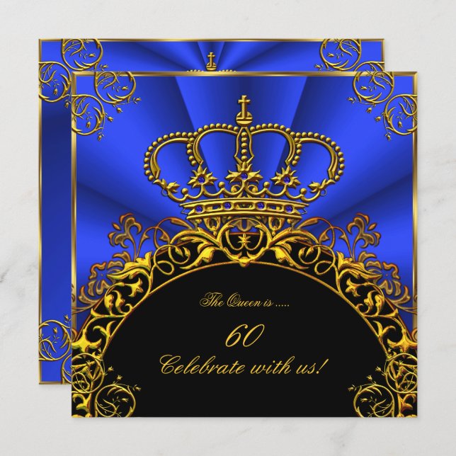 Queen King Regal Gold Royal Blue Birthday Party Invitation (Front/Back)