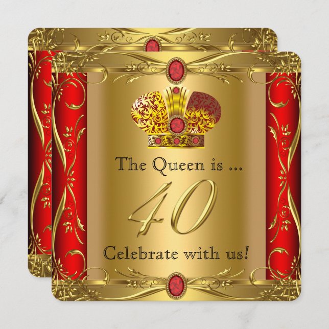 Queen King Regal Red Gold 40th Birthday Party Invitation (Front/Back)