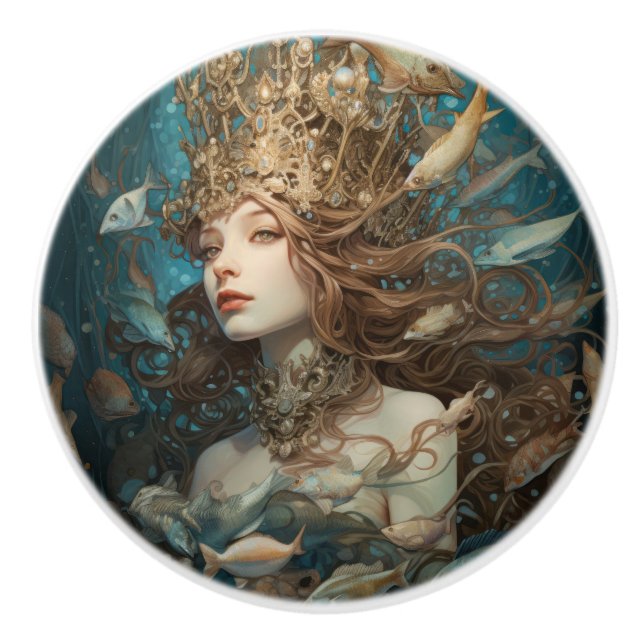 Queen Mermaid And Fishes Under The Sea Ceramic Knob (Front)