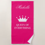 Queen of everything princess crown hot neon pink beach towel<br><div class="desc">Personalised queen of everything hot neon pink beach towel. Personalised beachtowel with elegant typography and princess crown. Add your own funny quote, name or monogram letters. Cool Birthday gift idea for wife, girl, daughter, friend, aunt, grandma, sister, wedding bride, bridesmaid, lady boss, retiree etc. Fun summer accessories for beach or...</div>