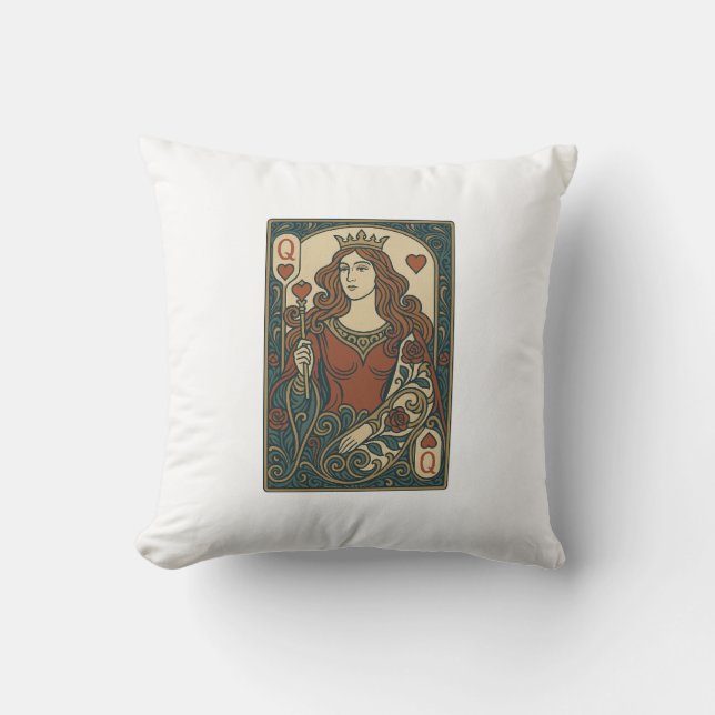 Queen of Hearts — Art Nouveau Rosework Portrait Cushion (Front)