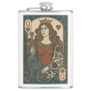 Queen of Hearts — Art Nouveau Rosework Portrait Hip Flask