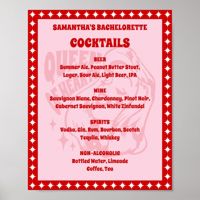 Queen of Hearts Bachelorette Cocktail Menu Sign (Front)