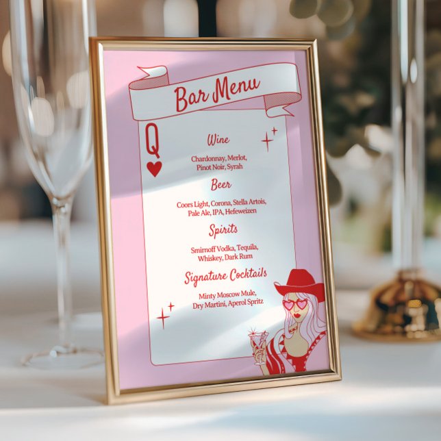 Queen of hearts Bar Menu Pink Red (queen of hearts bar menu, pink red cocktail menu, bachelorette party drink sign, glam vegas bar menu)