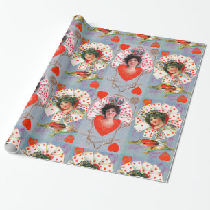QUEEN OF HEARTS ,Blue Red Valentine's Day Wrapping Paper