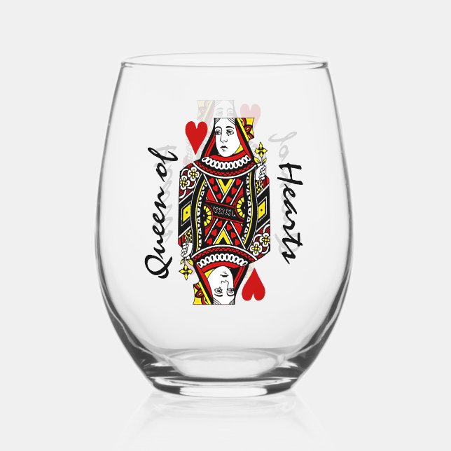 Queen of Hearts Design Stemless Wine Glass (Front)