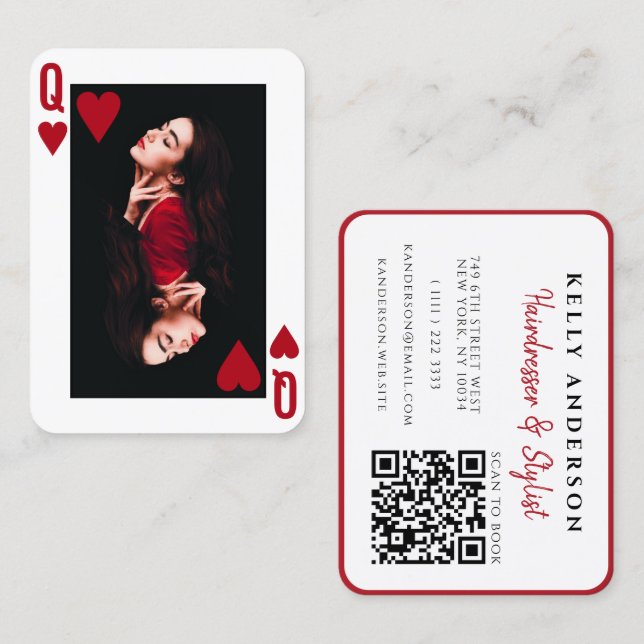 Queen of Hearts Feminine Photo QR Code Hairdresser Business Card (Front/Back)