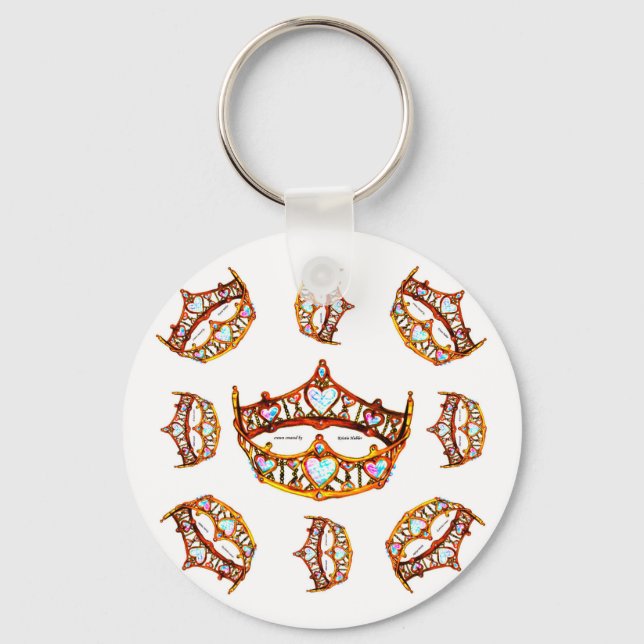 Queen of Hearts Gold Crowns Tiaras white keychain (Front)