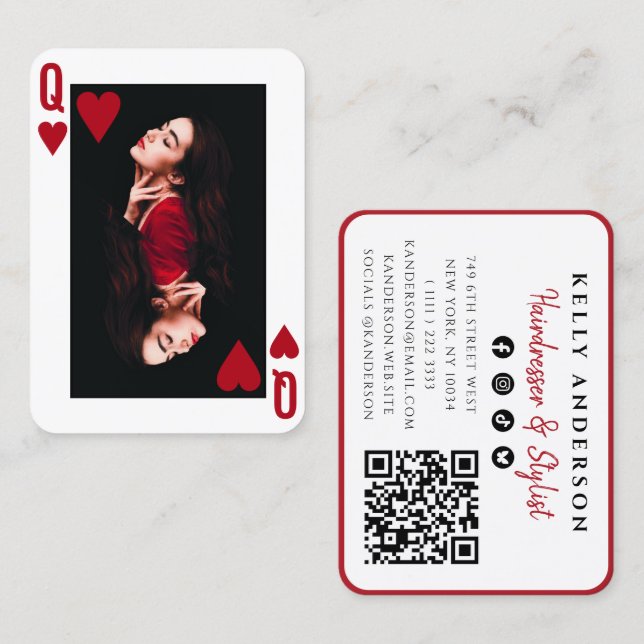 Queen of Hearts Photo QR Code Social Hairdresser Business Card (Front/Back)