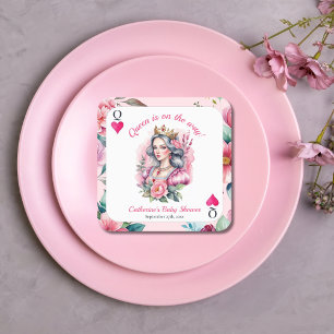 Queen Of Hearts Playing Card Pink Baby Shower Square Paper Coaster