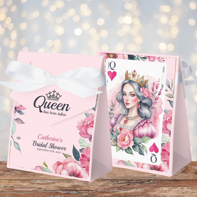 Queen Of Hearts Playing Card Pink Bridal Shower Favour Box (Angled view royal fairytale queen bridal shower blush pink vintage playing card Favor Box
)