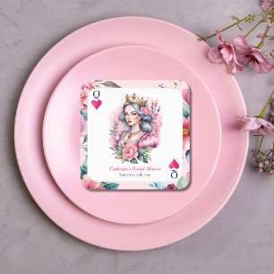 Queen Of Hearts Playing Card Pink Bridal Shower Square Paper Coaster
