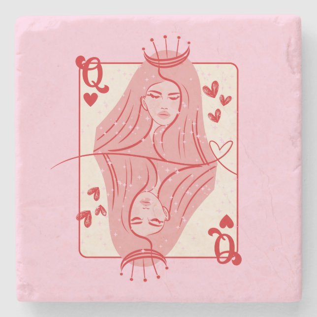 Queen of Hearts Red and Pink Preppy Art Stone Coaster (Front)