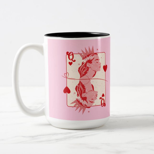 Queen of Hearts Red and Pink Preppy Art Two-Tone Coffee Mug (Left)
