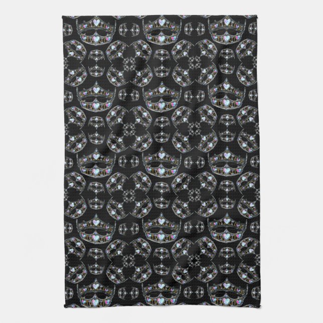 Queen of Hearts Silver Crown Tiaras black Tea Towel (Vertical)