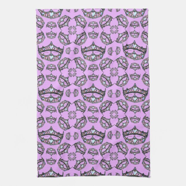 Queen of Hearts Silver Crown Tiaras pink thistle Tea Towel (Vertical)