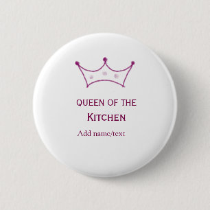 queen of kitchen mauve crown cook chef name 6 cm round badge