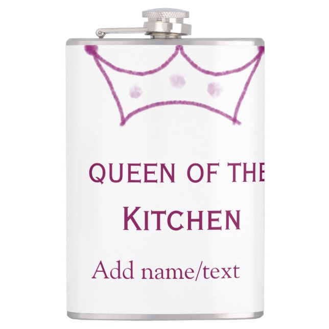 queen of kitchen mauve crown cook chef name hip flask (Front)