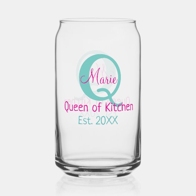 Queen of kitchen monogram green pink simple minima can glass (Front)