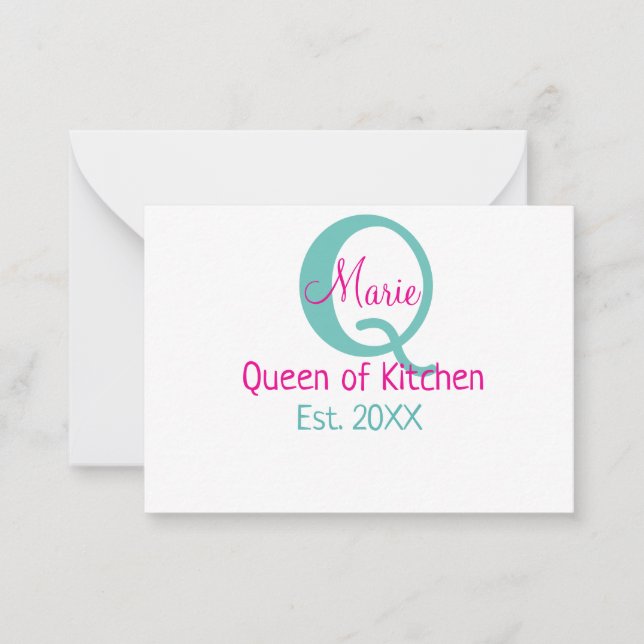 Queen of kitchen monogram green pink simple minima card (Front)
