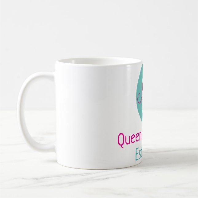 Queen of kitchen monogram green pink simple minima coffee mug (Left)
