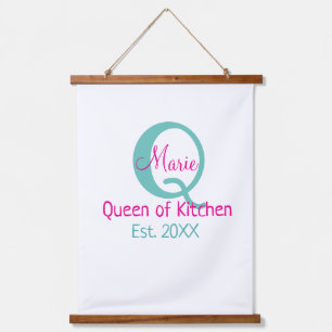 Queen of kitchen monogram green pink simple minima hanging tapestry