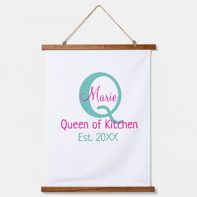 Queen of kitchen monogram green pink simple minima hanging tapestry (Front)