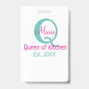 Queen of kitchen monogram green pink simple minima ID badge