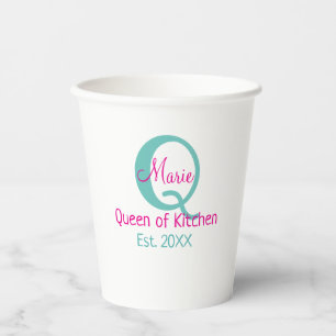 Queen of kitchen monogram green pink simple minima paper cups