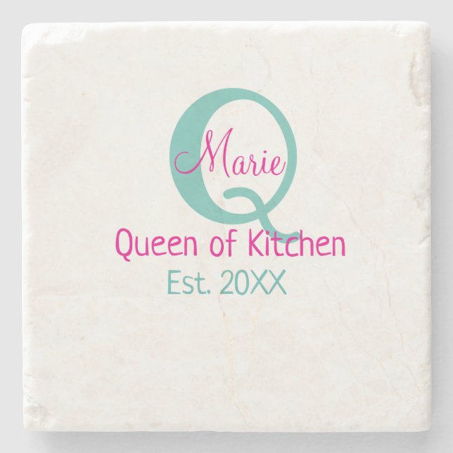 Queen of kitchen monogram green pink simple minima stone coaster (Front)