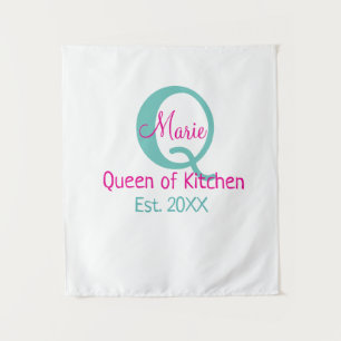 Queen of kitchen monogram green pink simple minima tapestry