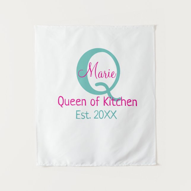 Queen of kitchen monogram green pink simple minima tapestry (Front)
