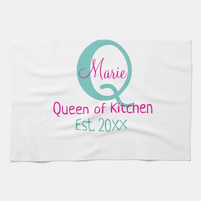 Queen of kitchen monogram green pink simple minima tea towel (Horizontal)