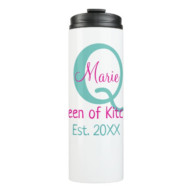 Queen of kitchen monogram green pink simple minima thermal tumbler (Front)