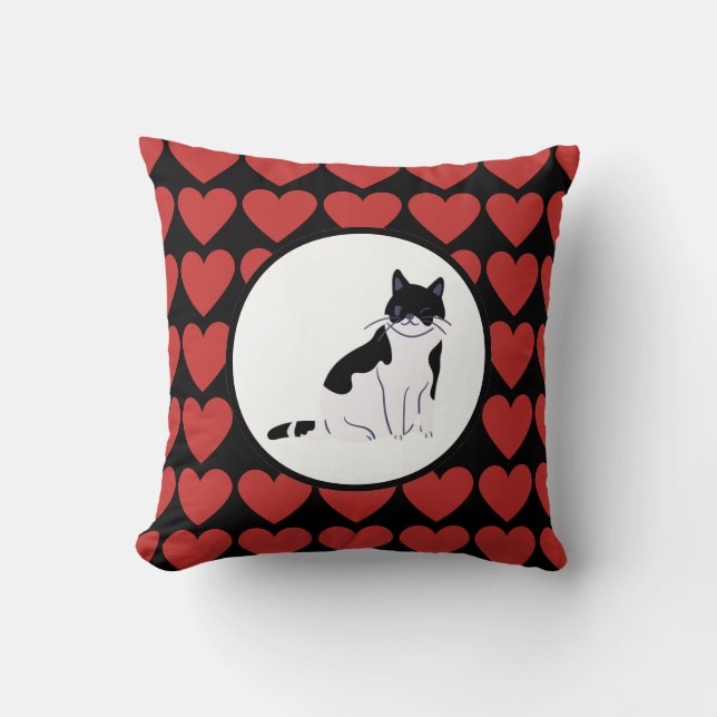 Queen of red hearts cat black white kitty voices cushion (Front)