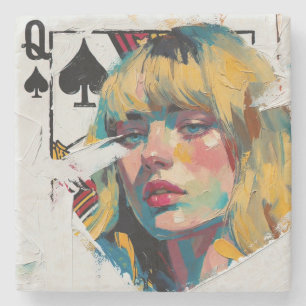 Queen of Spades Oil Painting Stone Coaster
