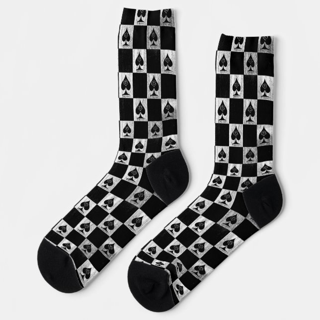 Queen of Spades Socks White Black Chequerboard QoS (Left)