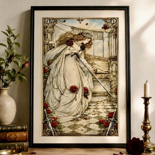 Queen of Swords Tarot Card Art Nouveau Vintage Poster