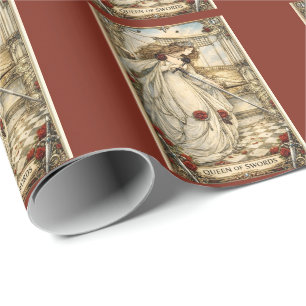 Queen of Swords Tarot Card Art Nouveau Vintage Wrapping Paper