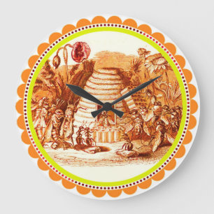 QUEEN OF THE HONEY BEES  IN SKEP /BEEKEEPER Orange Large Clock