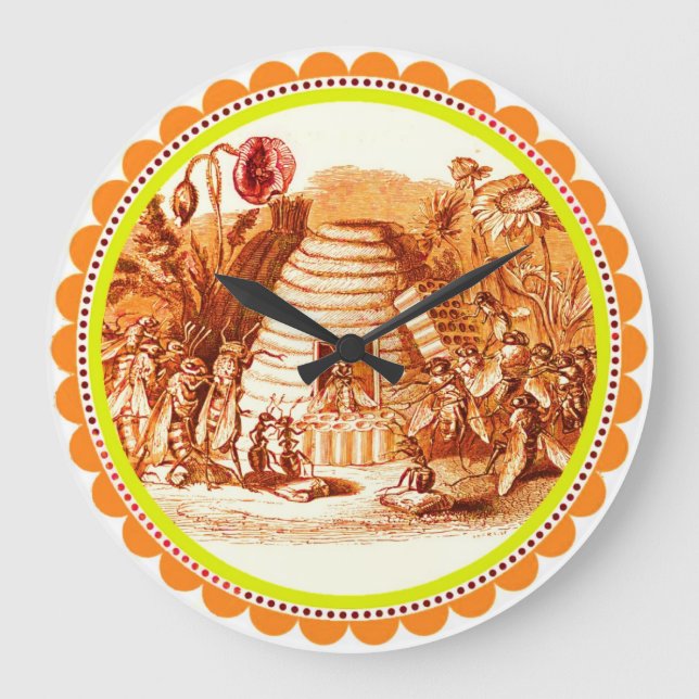 QUEEN OF THE HONEY BEES  IN SKEP /BEEKEEPER Orange Large Clock (Front)