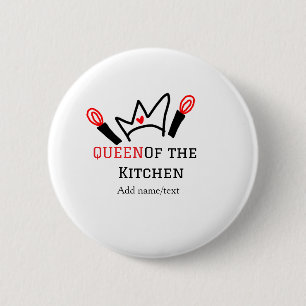Queen of the kitchen chef cooking add name crown 6 cm round badge