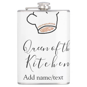 Queen of the kitchen chef cooking add name crown  hip flask