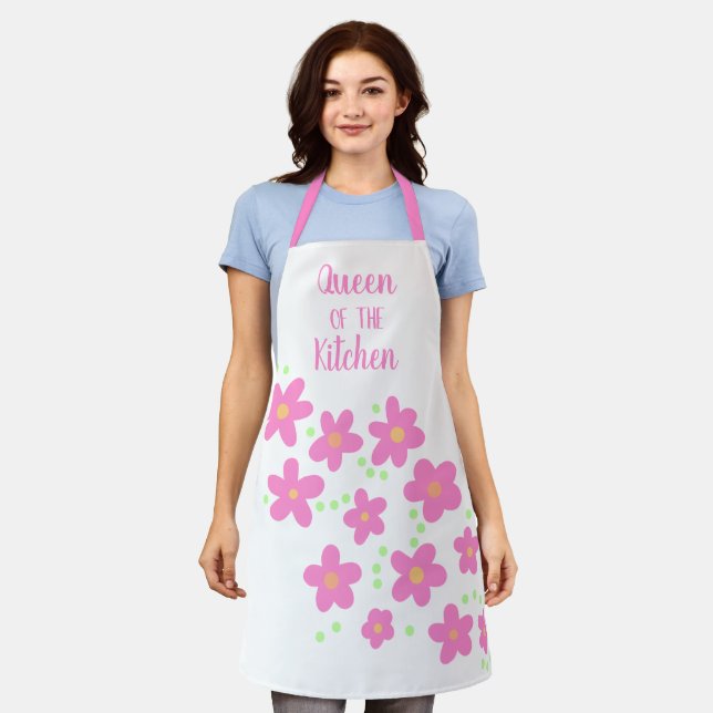 Queen of the Kitchen Pink Flowers Apron (Worn)