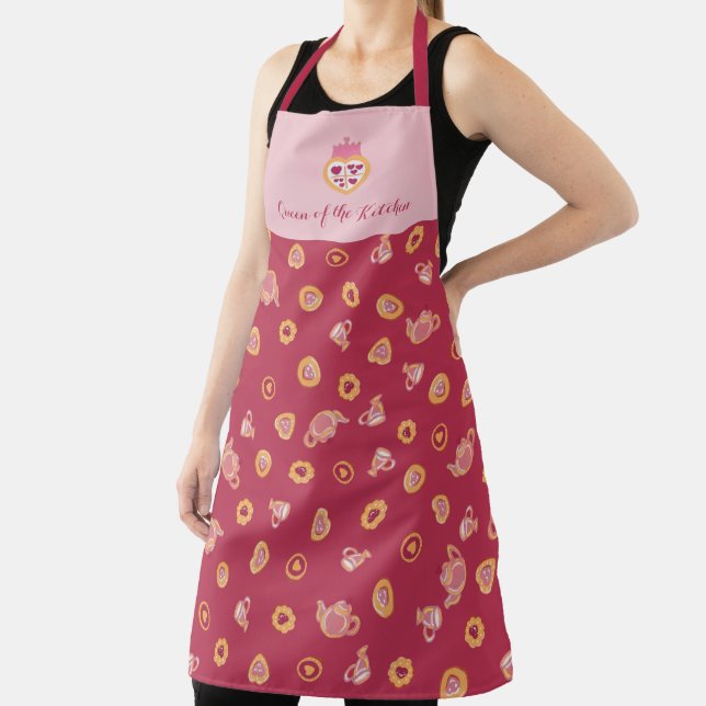 Queen of the Kitchen Tea Party Pattern Magenta Apron (Insitu)
